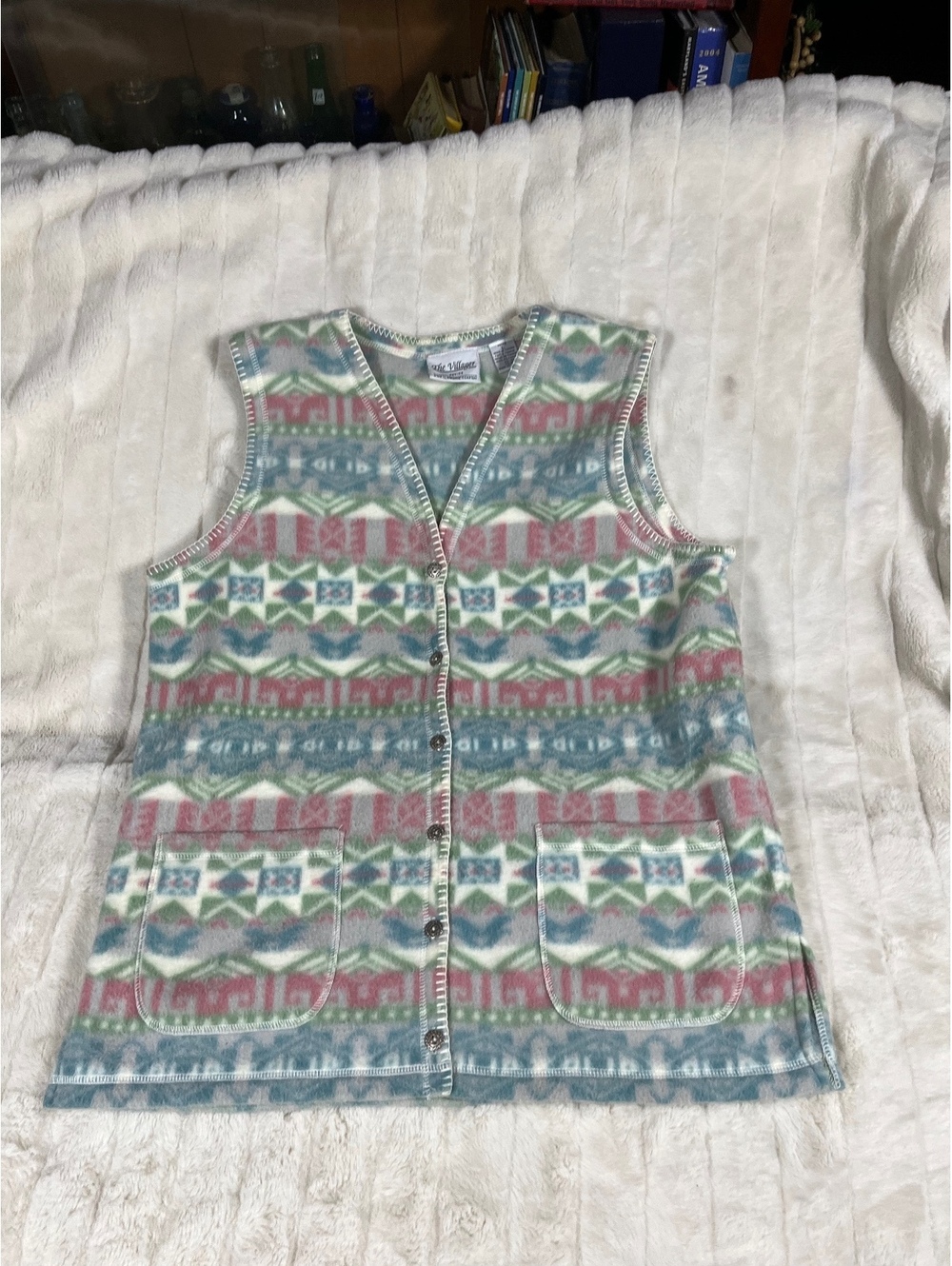 VTG The Villager LP Pastel Southwestern Metal Button Cream Green Fleece Vest